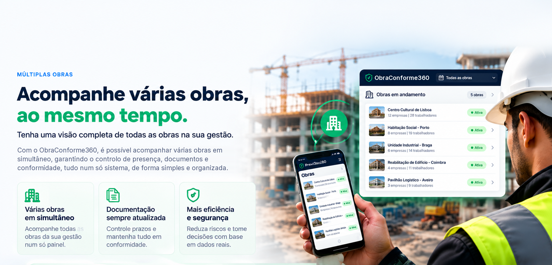 ObraConforme360 com várias obras em andamento no computador e no telemóvel